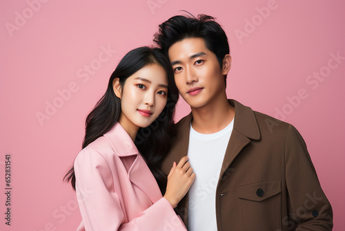 Image generative AI picture of young beautiful sweet couple photographing on pink background