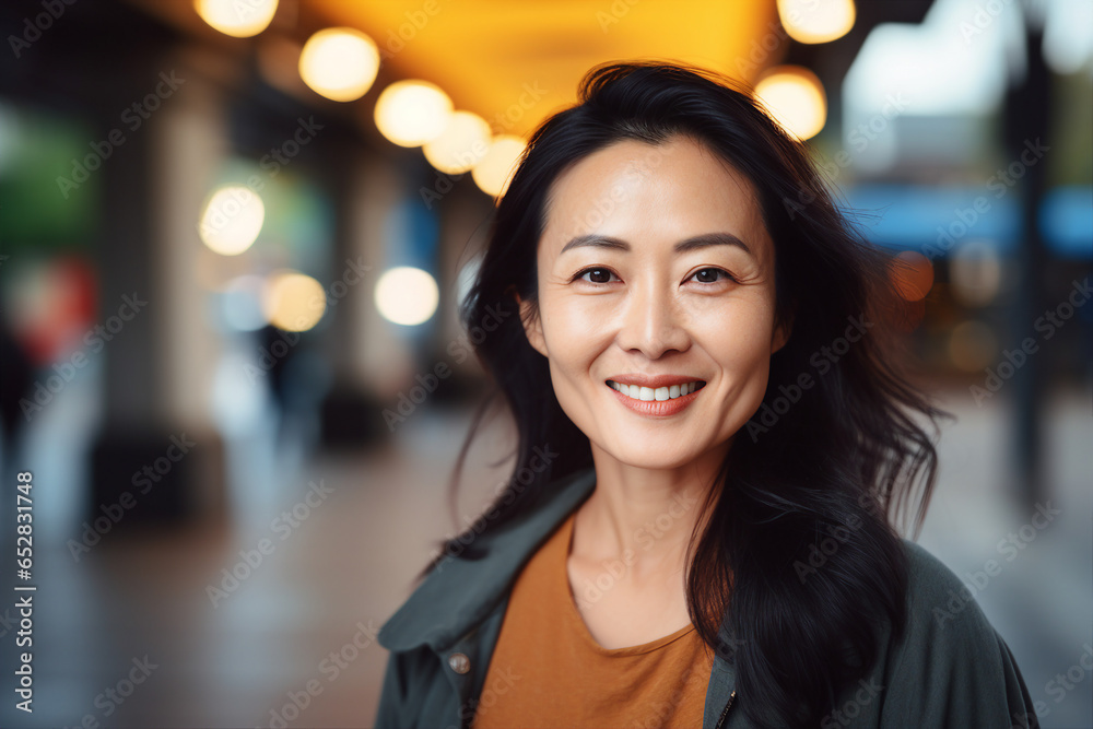 Generative ai image of smiling positive asian lady in the city Generative ai image of smiling positive asian lady in the city