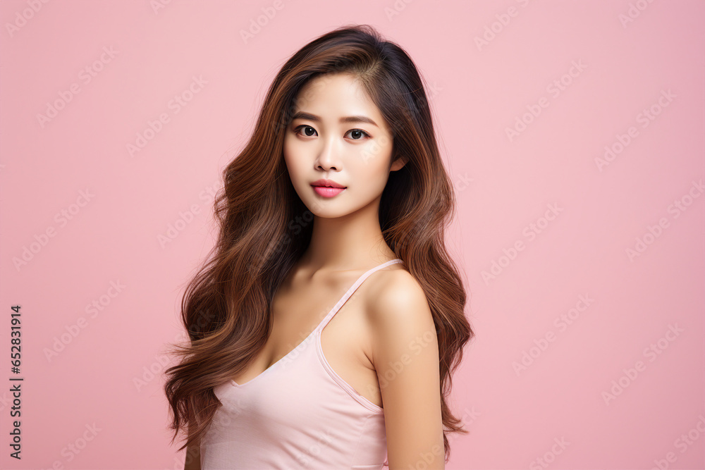 AI generated photo of an attractive beautiful young woman model with long healthy hair isolated on pink color background AI generated photo of an attractive beautiful young woman model with long healthy hair isolated on pink color background
