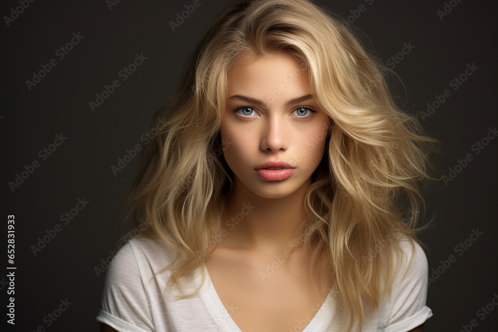 Close up photo portrait of a beautiful young woman smiling and looking at camera isolated on a grey background Close up photo portrait of a beautiful young woman smiling and looking at camera isolated on a grey background