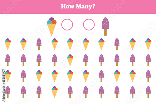 How many ice cream are there? Educational math game for kids. Printable worksheet design for preschool, kindergarten or elementary kids.