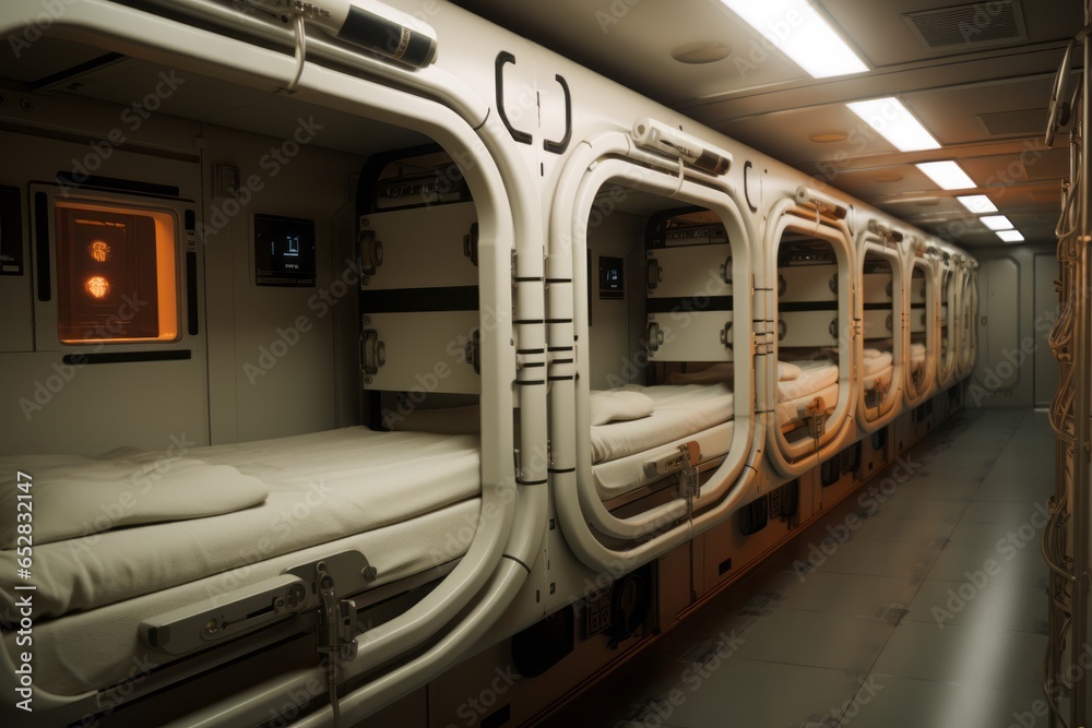 Generative AI Modern space design of the capsule hotel in grey tones. A long corridor with a glossy floor and beds for relaxation on both sides.