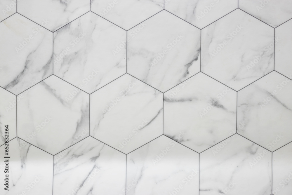 white marble wall with hexagon tiles for texture and background - obrazy, fototapety, plakaty 