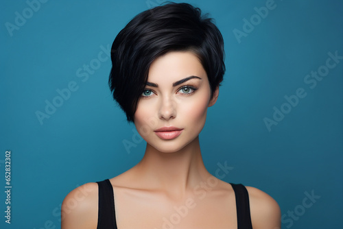 Generative AI picture of beautiful woman fashion model black hairstyle blue eyes