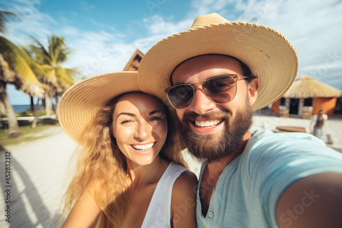 Happy couple of travellers taking selfie picture on holiday - Young man and woman having fun on summer vacation - Two friends enjoying summertime moment - Life style and travel concept