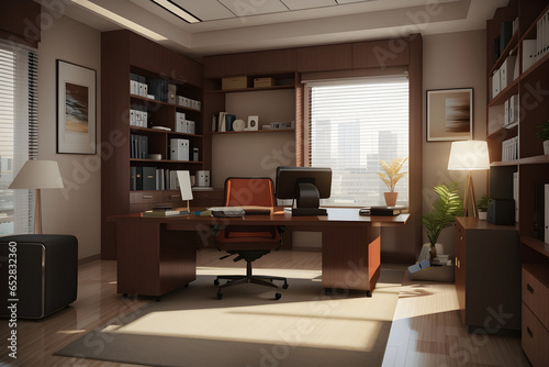 Modern Office Interior Design: Spacious Workspace with Natural Light, Contemporary Furniture, and Minimalistic Decor – Ideal for Professional and Corporate Backgrounds