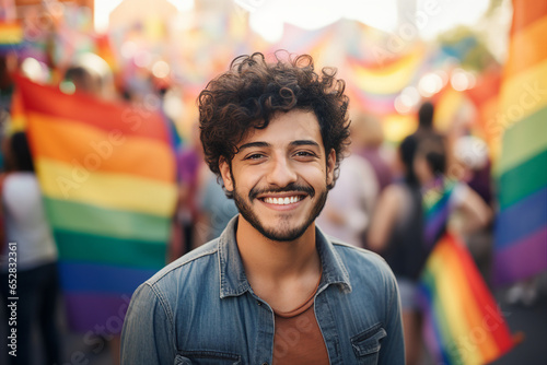 AI generated portrait of happy young guy standing for the legality lgbt on demonstration