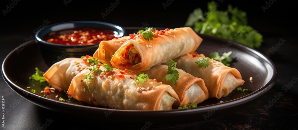 Spring rolls with chili sauce and lime on a plate Spring rolls with chili sauce and lime on a plate