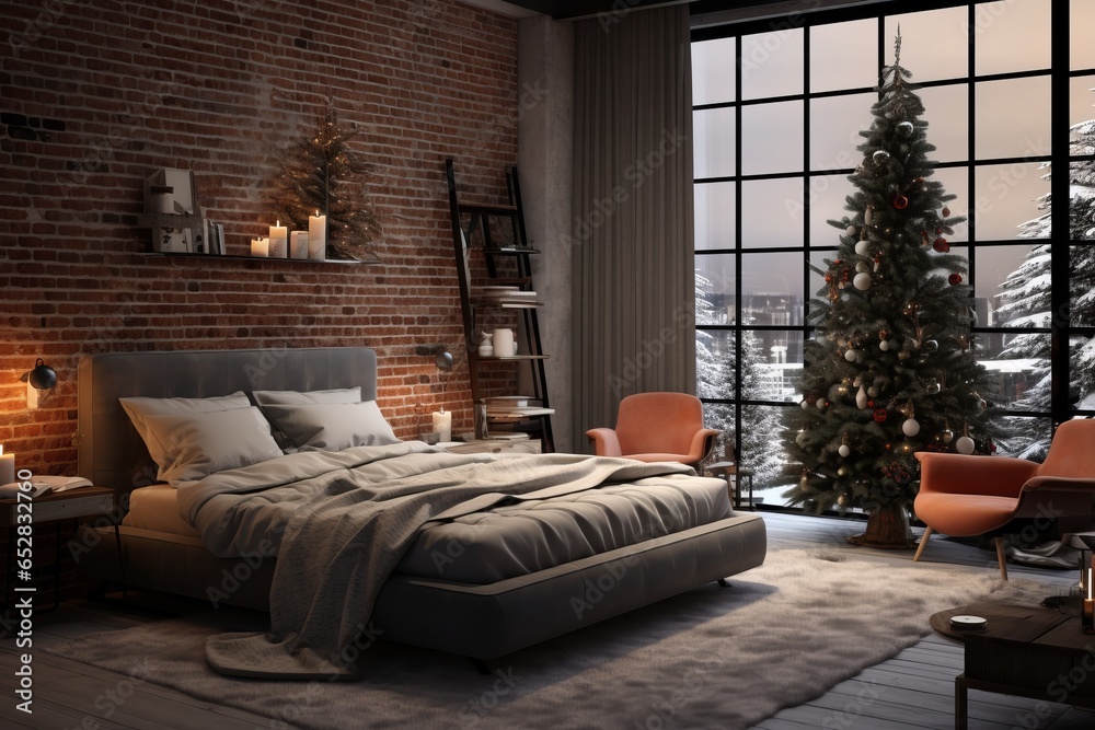 Generative AI Modern festive design with a Christmas tree and candles at home. The interior of the loft-style bedroom with a brick wall and a large panoramic window overlooking the snowy winter city.