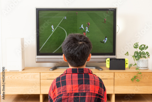 テレビでサッカー観戦をする子供