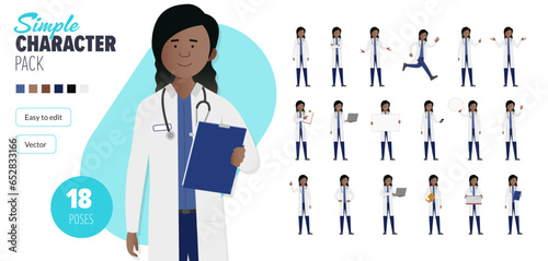 Simple flat black female doctor woman vector character in a set of multiple poses. Easy to edit and isolated on a white background. Modern trendy style character mega pack with lots of poses.  photo