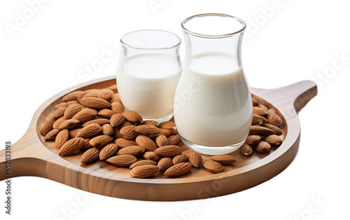 Almond Milk and Almonds Presented on a Wooden Plate on the transparent background - Generative AI 