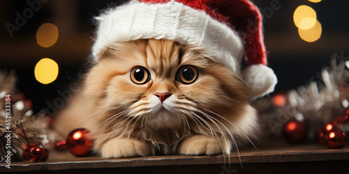 Cute kitten in a red Santa hat against a background of Christmas golden bokeh and Christmas decorations. Happy New Year and Merry Christmas! Banner