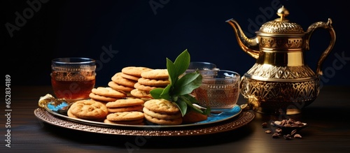 Moroccan hospitality symbolized by a tray of Oriental tea cookies and traditional delights representing Islamic holidays Ramadan and Eid greetings photo