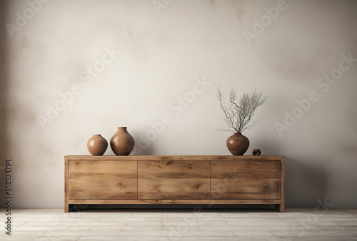 a side cabinet in natural wood with a vase
