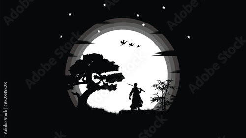 illustration vector graphic of Ninja, Assassin, Samurai training at night on a full moon. Perfect for wallpaper, poster, etc.
