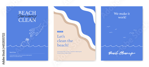 Beach cleanup background set. Volunteering eco cleaning. Picking up garbage banner. Coastal pollution poster, Plastic ocean. Trendy hand drawn doodle style. Flat design line vector illustration.