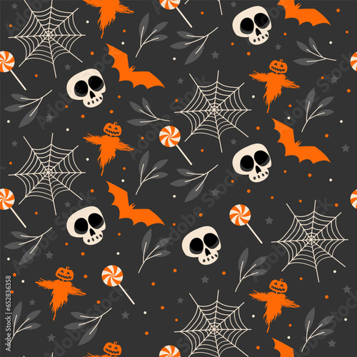 Dark halloween seamless pattern with scarecrow and spider net