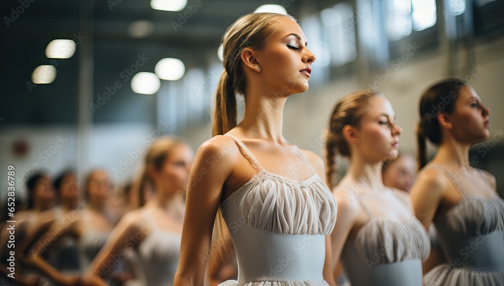 Fashion show in the studio. Group of beautiful young women in white dresses. - obrazy, fototapety, plakaty 