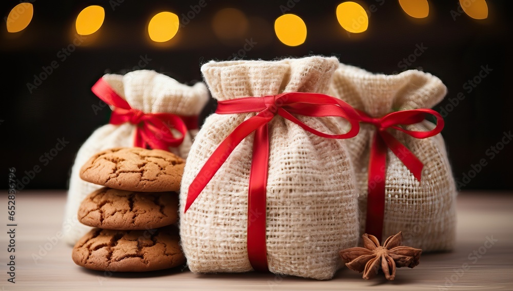 Chocolate chip cookies in a sack with red ribbon and christmas lights Chocolate chip cookies in a sack with red ribbon and christmas lights