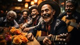 Mexican musicians playing guitar and singing in traditional mexican restaurant
