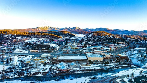 Aerial view of the Pagosa Springs Colorado Mountains and nearby areas at sunrise