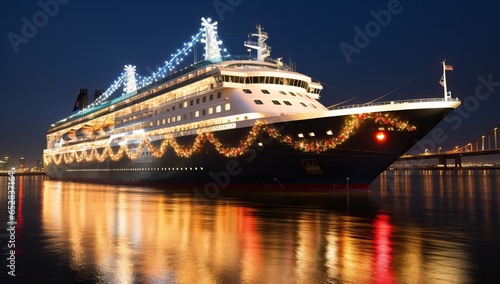 Cruise ship with christmas lights in the port