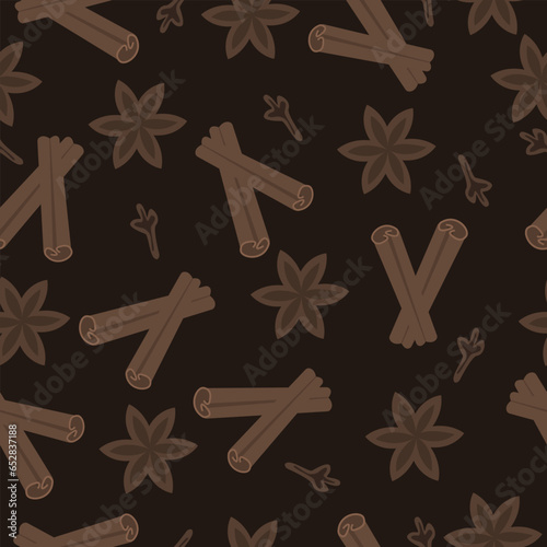 Seamless autumn pattern with cinnamon sticks, anise stars and clove seeds. Seasonal illustration on dark brown background.