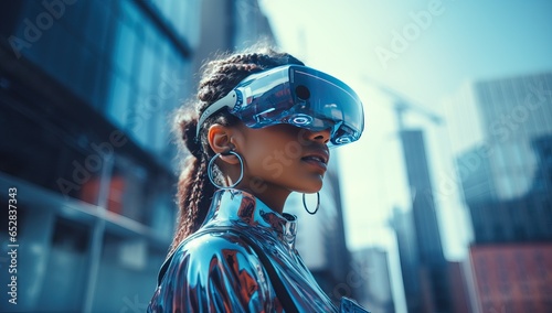 Futuristic african american woman in futuristic outfit and goggles photo