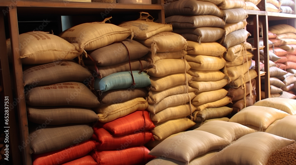 Obraz premium Warehouse with jute bags with coffee beans of different varieties from Kenya.