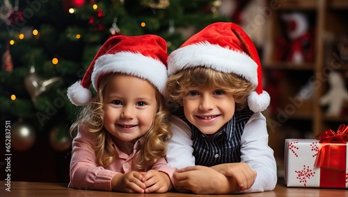 Cute little children in Santa Claus hats looking at camera and smiling while sitting at table near Christmas tree