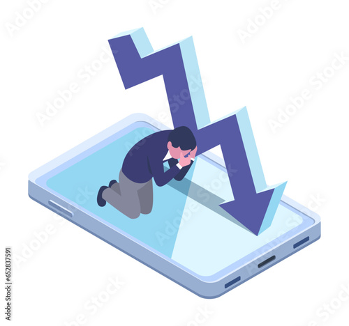 vector isometric illustration ofd bankruptcy,a man depress   with tablet and arrow
