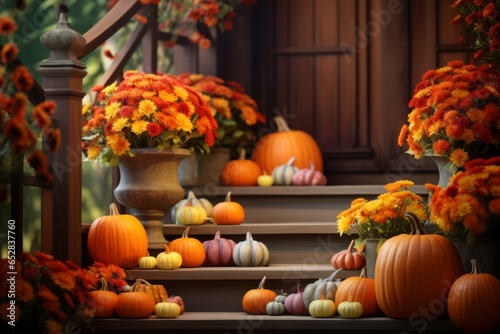 Generative AI Autumn decorations with pumpkins and flowers on the steps in front of the house. Happy Halloween. An idea for decorating a house for Thanksgiving.