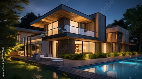 modern cozy house with parking and pool for sale or rent with wood plank facade and beautiful landscaping on background. Clear summer night with many stars on the sky. © Lucky Ai