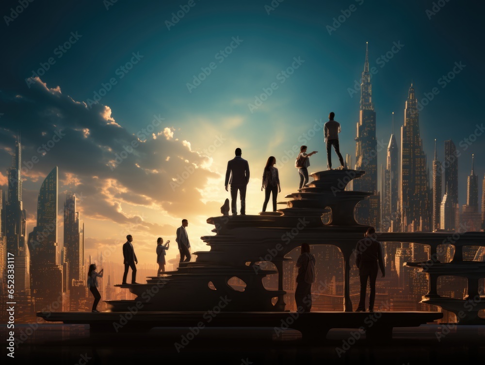 Fototapeta premium Business people standing on the top of the world. 3D rendering. 