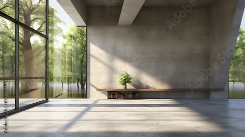 Modern loft style empty space interior There are polished concrete floor  wall and ceiling There are large window look out to see the nature view sunlight shining into the room.