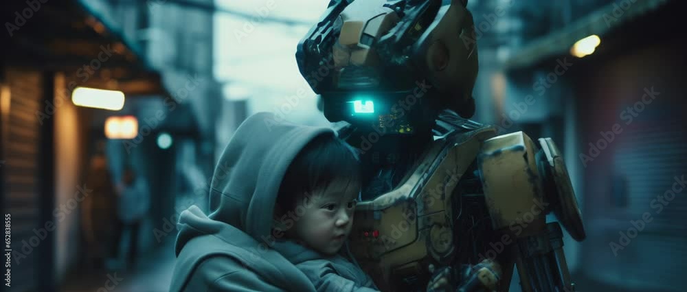Sci-fi dystopian scene of a robot holding baby at the street. Anamorphic 4K footage Sci-fi dystopian scene of a robot holding baby at the street. Anamorphic 4K footage