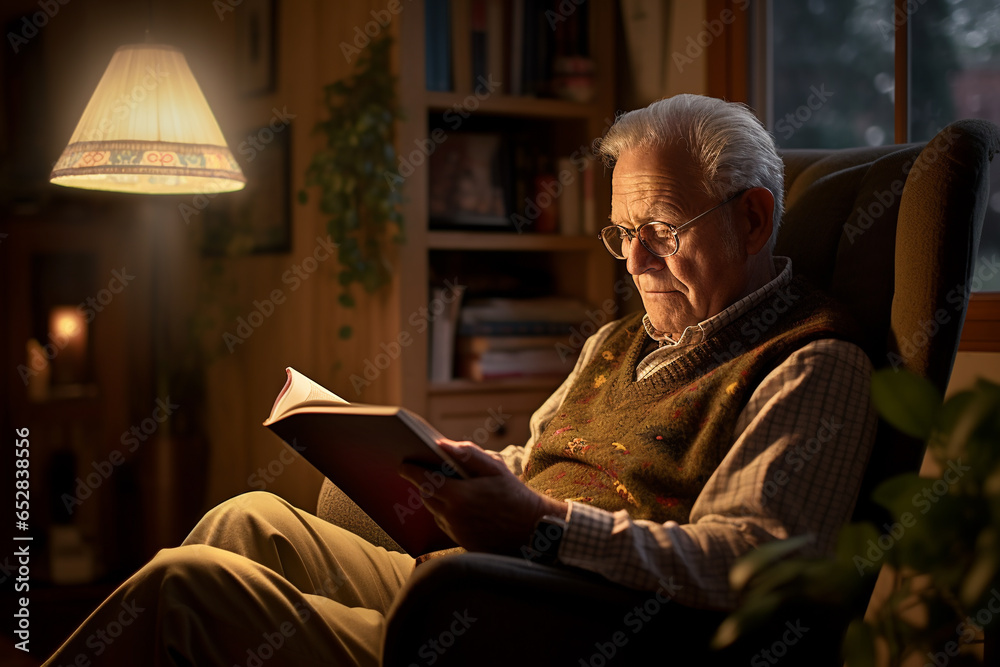A senior citizen reading a book in a cozy chair, demonstrating the joy of lifelong learning