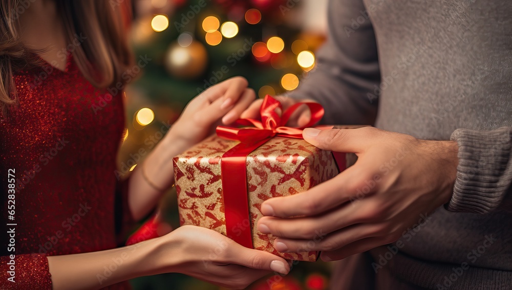 man giving present to woman near christmas tree man giving present to woman near christmas tree