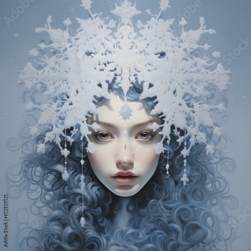 Beautiful girl with snowflakes in her hair. Beauty portrait. 
Beautiful girl with snowflakes on a gray background. The concept of Christmas and New Year.