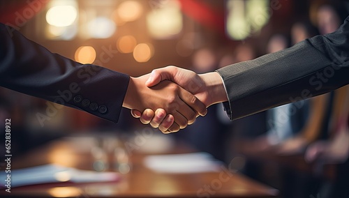 Close-up of business people shaking hands in office. Handshake concept