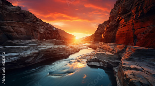 canyon during sunset, the sun dropping below rugged cliffs, rich orange and teal hues © Marco Attano