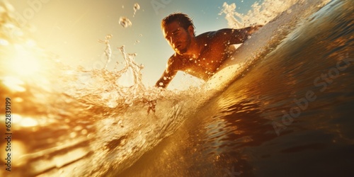 Surfer in action at sunset on the surfboard. Extreme water sport.
