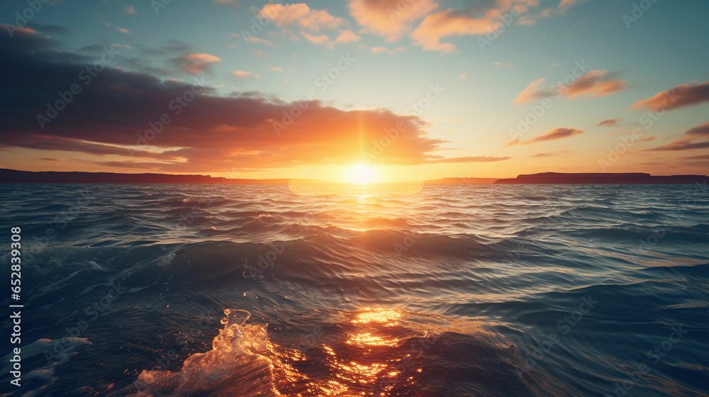 sun setting below a calm ocean horizon, golden sky, reflective water, rich clouds, slight lens flare, dreamy atmosphere