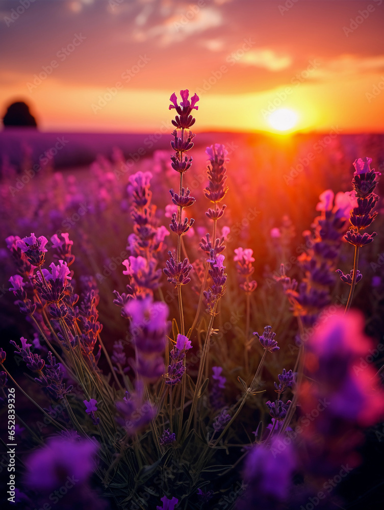 Obraz premium sun setting over a lavender field, deep oranges and purples in the sky, flowers in soft focus