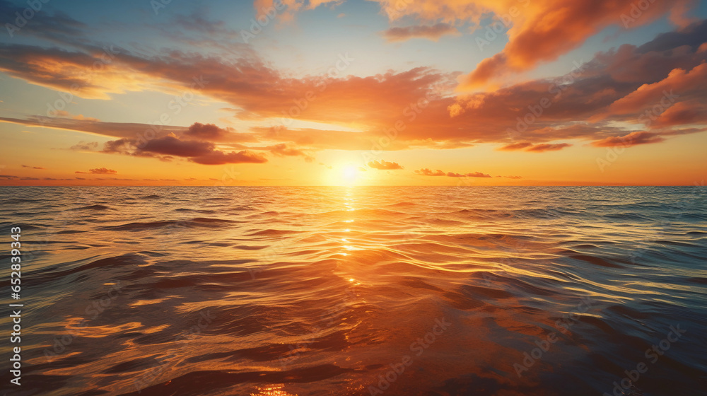 sun setting below a calm ocean horizon, golden sky, reflective water, rich clouds, slight lens flare, dreamy atmosphere - obrazy, fototapety, plakaty 