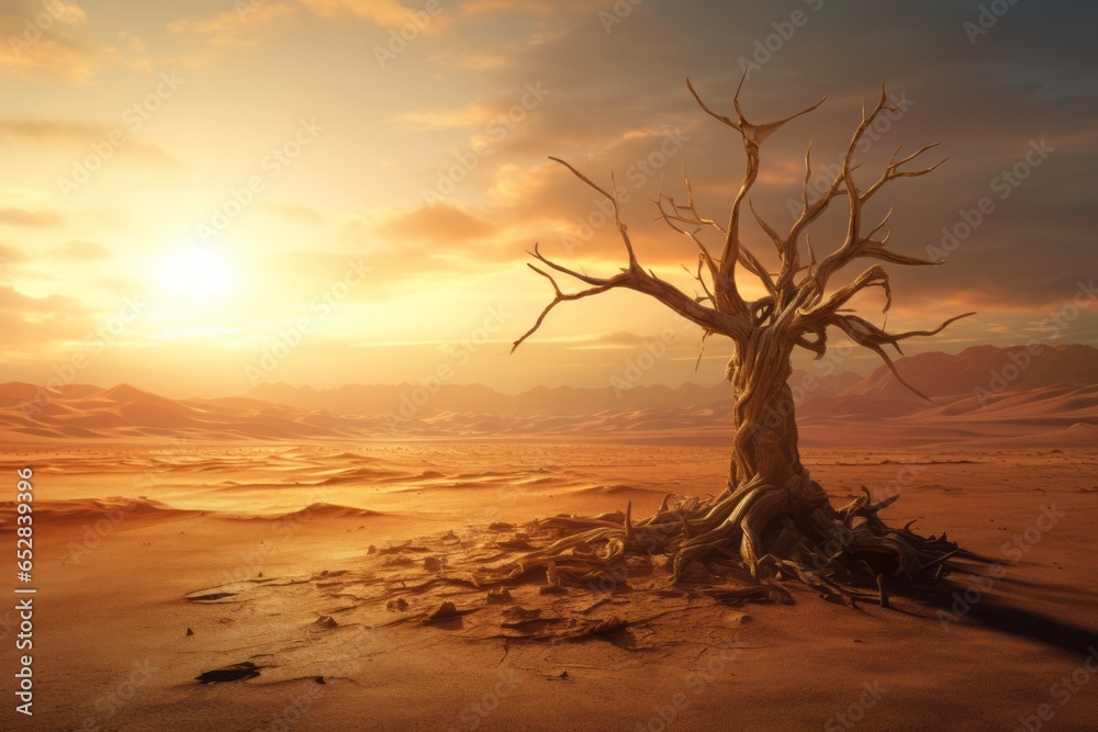 Generative AI Dry cracked land with dead tree and sky in background a concept of global warming. A lonely dry dead tree in the middle of desert grows right out of clay and sand. Generative AI Dry cracked land with dead tree and sky in background a concept of global warming. A lonely dry dead tree in the middle of desert grows right out of clay and sand.