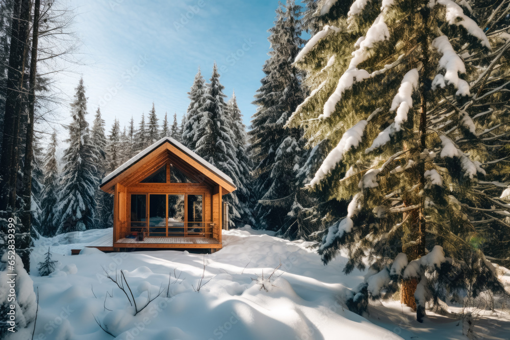 a beautiful small modern wooden house in the middle of the snowy forest on a brightful day