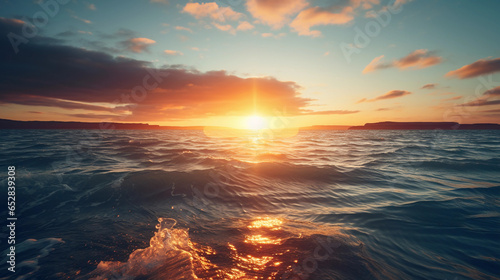 sun setting below a calm ocean horizon, golden sky, reflective water, rich clouds, slight lens flare, dreamy atmosphere