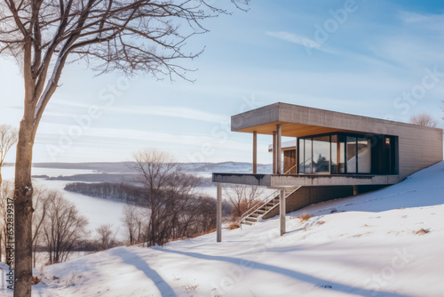 a beautiful modern design concrete house in the middle of the snowy campain on a brightful day photo